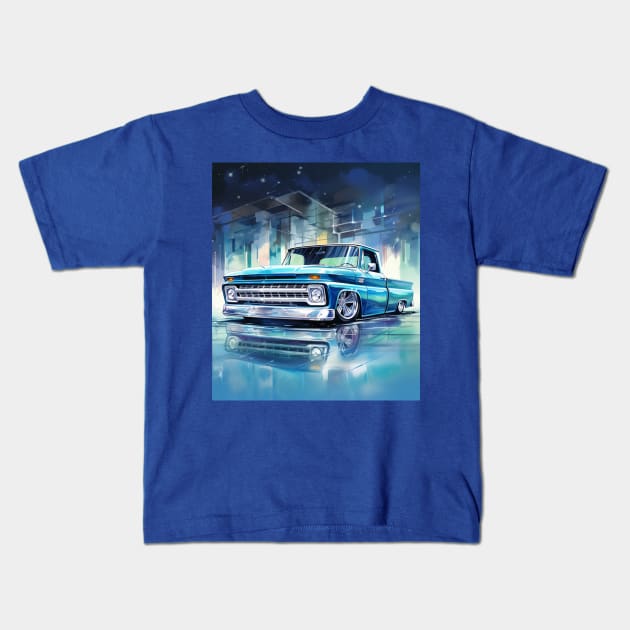 Blue water color C-10 lowrider truck Kids T-Shirt by Spearhead Ink